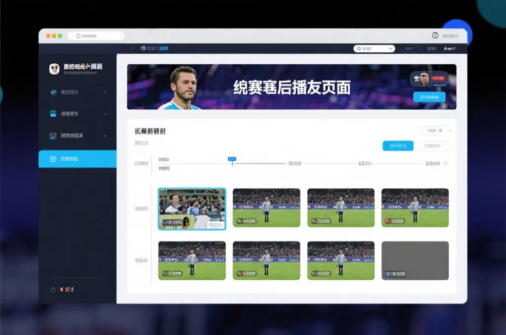 比赛结束后，电视屏幕展示集锦回放页面，旁边有时间轴和多角度切换提示